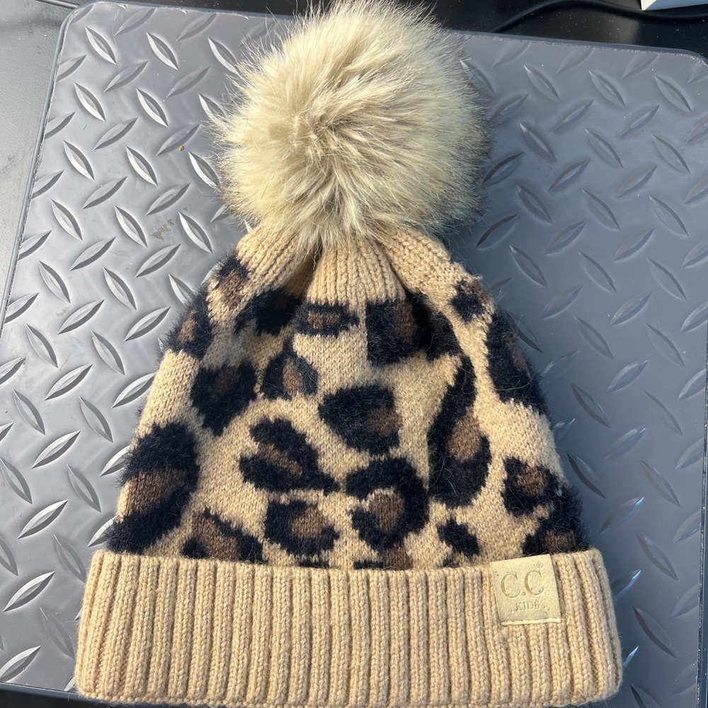 C.C. Girls, Winter Animal Print Pom Hat, Beanie Ribbed Band Brown Black Tan Soft